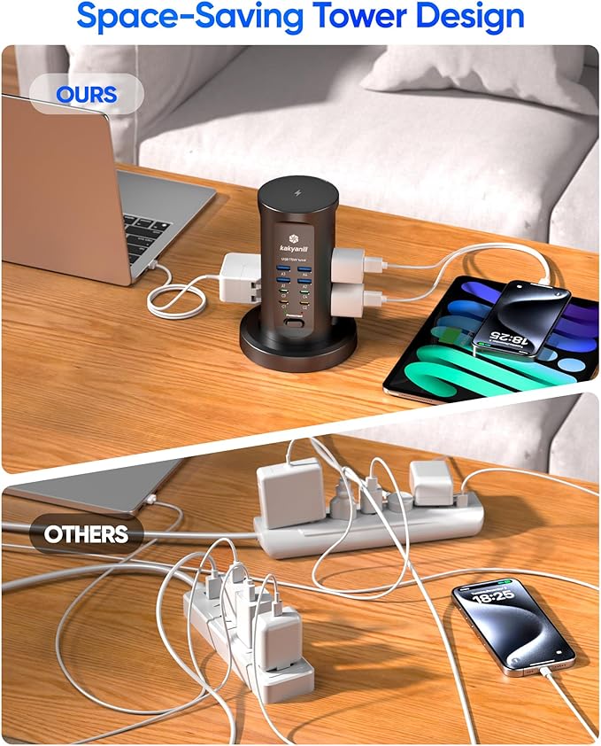 Power Strip Tower, PD 65W USB Charging Tower, kakyanill Surge Protector Tower 9 AC Outlets 8 USB (4 USB C), 6 Ft Retractable Extension Cord, Charging Station for Office Dorm Room, Black