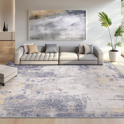 RELEANY Washable Area Rugs 9'x12' Non-Slip Modern Abstract Soft for Living Room Entryway Bedroom Kitchen, Print Pattern, Purple Grey Cream Yellow