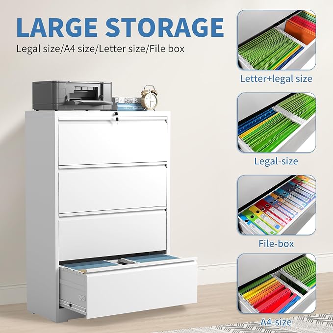 File Cabinets 4 Drawer,Metal Office Storage Filing Cabinet with Lock,White Lateral Filing Cabinet for Home Office,Horizontal Locking File Cabinet for Legal/Letter/A4,Assembly Require,White