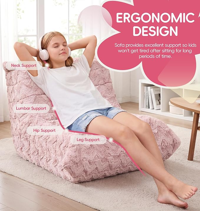 Hobestluk Medium Bean Bag Chair Faux Fur Fabric BeanBag Couch for Playroom | Pink Chevron,Ergonomic Design,Memory Foam,Strong Supportive,No Assembly Required,Decorative Style for Living Room Bedroom
