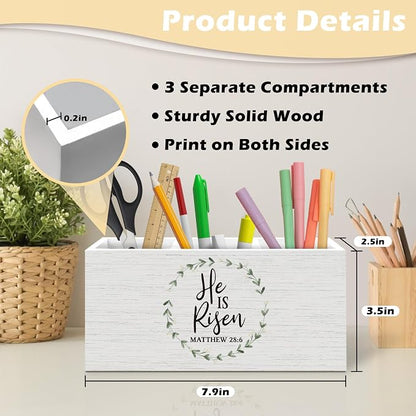 Christian Easter Pen Holder Organizer Desk Decor, He Is Risen Easter Decor, Matthew 28:6 Bible Verse Religious Wooden Pen Pencil Holders for Home Office Desk Accessories
