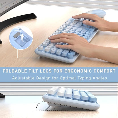 Links9+ Wireless Keyboard and Mouse, Full-Size Retro Typewriter Keyboard with Round Keycaps, 2.4GHz for Windows, Mac, Laptop, PC, Desktop (Blue Gradient)