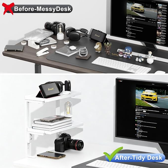 2-Tier Desk Shelf, Expandable Under Desk Storage, Clamp on Desk Shelf, Desktop Accessories for Offices, Study Rooms, and Game Rooms (White)