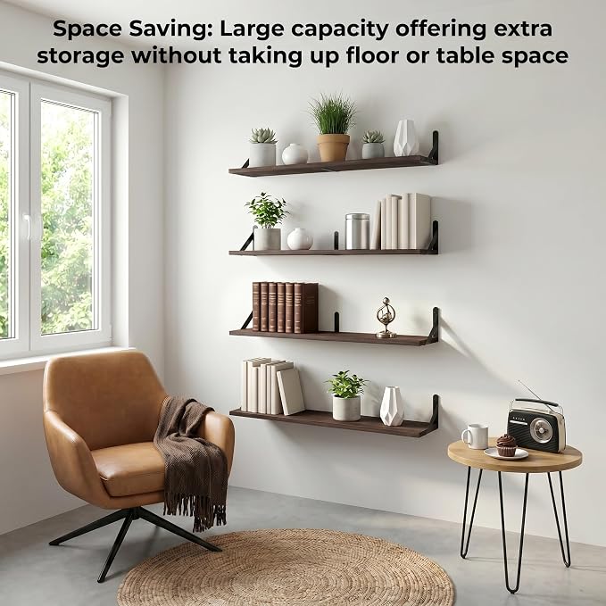 Long Wall Shelf,Large Floating Shelves for Wall,Wood Floating Bookshelves Hanging,Book Storage Display for Living Room Bedroom Office Bathroom Decor,4 Pack,36 Inch,Dark Brown
