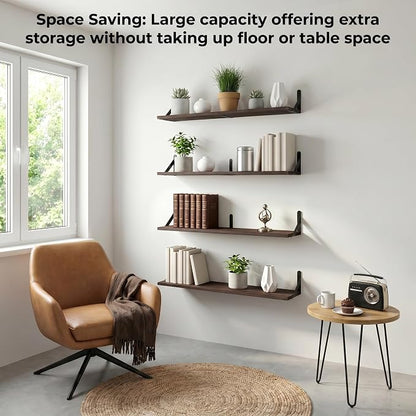 Long Wall Shelf,Large Floating Shelves for Wall,Wood Floating Bookshelves Hanging,Book Storage Display for Living Room Bedroom Office Bathroom Decor,4 Pack,36 Inch,Dark Brown