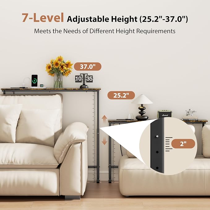 GRLEAF 2 Pack Adjustable Height Narrow Console Table with Power Outlets, 78.7" Long Sofa Table with Charging Station Behind Couch Table Entryway Table for Living Room and Hallway – Rustic Brown