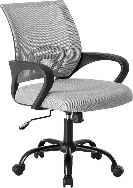 DUMOS Home Office Chair - Ergonomic Mid Back Mesh Desk Chair with Lumbar Support & Rocking Mode, Height Adjustable with Fixed Armrest, for Computer, Gaming, Meeting, 360° Swivel, Grey