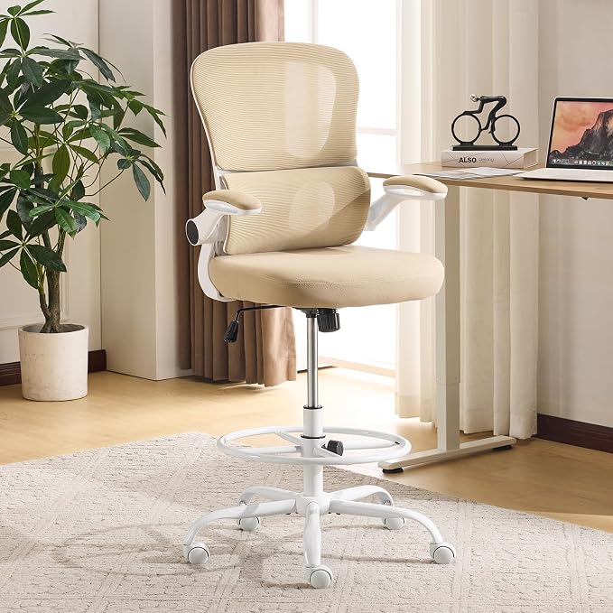 Karl home Ergonomic Drafting Chair, Khaki | Lumbar Support, Flip-Up Armrests, Adjustable Height Footrest Ring, Breathable Mesh, Tall Swivel