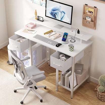 Furnify White Computer Desk with Drawers, 42 Inch Home Office Desk Study Writing Table, Gaming Desk with USB Power Outlets, Office Desk with Fabric Drawer, Work Table with Shelf for Bedroom, White