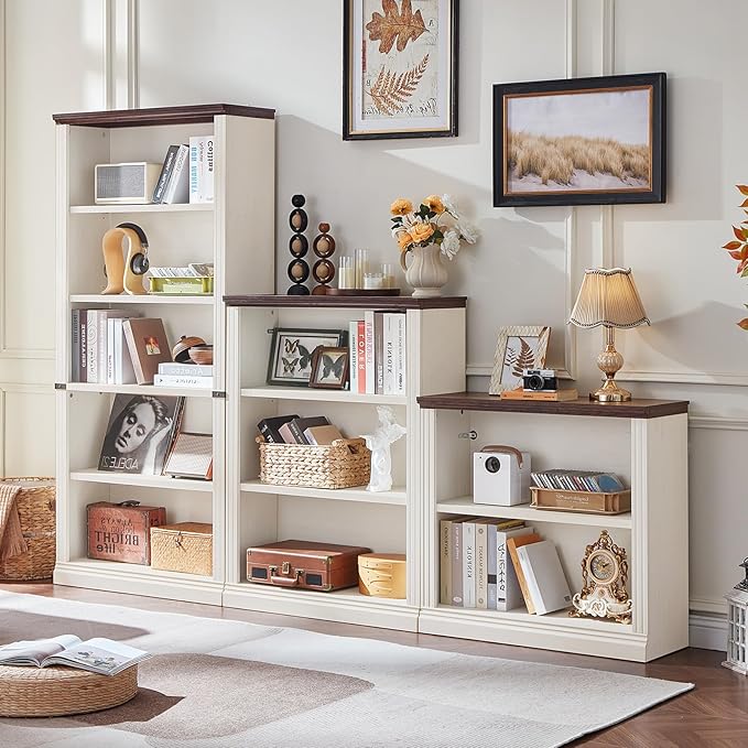RWYHG 30" White Bookshelf Set of 2,2-Tier Thick Wood Book Shelf with Adjustable Shelve,Free Standing Farmhouse Bookcase with Open Display Storage,Floor Vintage Bookshelves for Living Room,Office