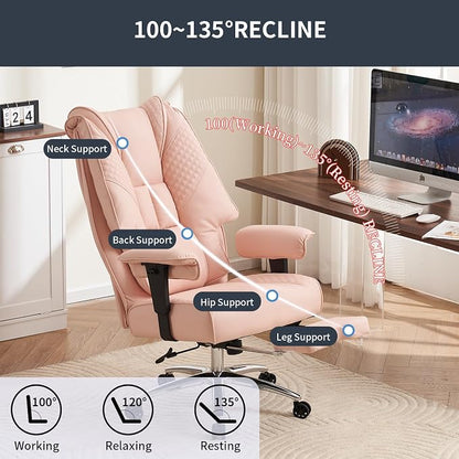 EXCEBET Big and Tall Office Chair 400lbs Wide Seat, Leather High Back Executive Office Chair with Foot Rest, Ergonomic Chairs Lumbar Support for Lower Back Pain Relief (Light Pink)
