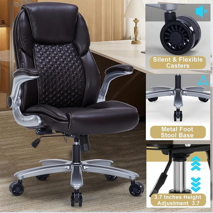 ZLHECTO® Big and Tall Executive Office Chair, PU Leather Swivel Desk Chair with Flip-up Arms, Adjustable Lumbar Support, Space-Saving Height Adjustable Rolling Computer Chair for Home & Office Use
