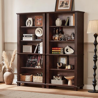 SAVOR LIFE 70" Tall Walnut Bookshelf,5 Tier Wooden Book Shelf with Adjustable Shelves & Wood Legs,Free Standing Farmhouse Bookcase with Open Display Storage,Vintage Bookshelves for Classroom, 3PCS