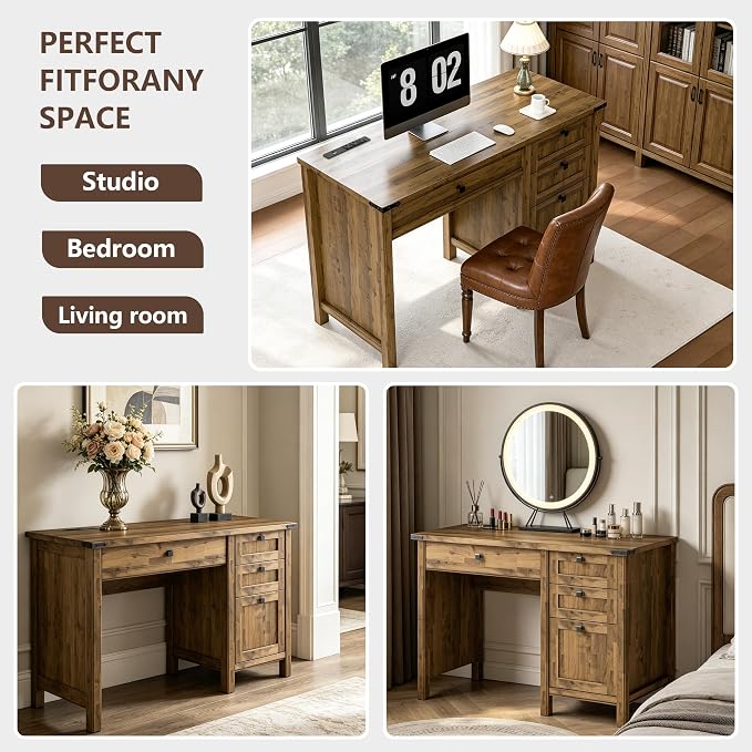 Small Farmhouse Executive Desk with Drawers, 45 Inch Vintage Computer Desk with Storage for Home Office, Bedroom & Study, Light Brown