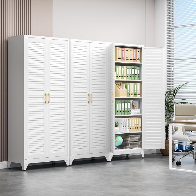 Polup 75" Kitchen Pantry Cabinet, White Metal Storage Cabinet with Doors and 5 Adjustable Shelves, Tall Metal Pantry Cabinets, Large Cupboard for Kitchen, Dining Living Room, Bathroom, Office