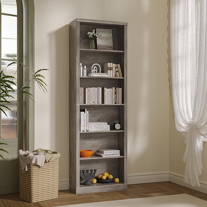 Thacuok Grey Bookshelf, 75" Tall Bookcase, 6 Tier Adjustable Storage Shelves, Book Shelf with Anti-Tipping Device, Floor Standing Modern Display Rack for Living Room, Bedroom, Office