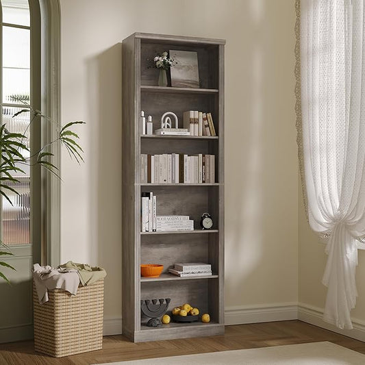 Thacuok Grey Bookshelf, 75" Tall Bookcase, 6 Tier Adjustable Storage Shelves, Book Shelf with Anti-Tipping Device, Floor Standing Modern Display Rack for Living Room, Bedroom, Office