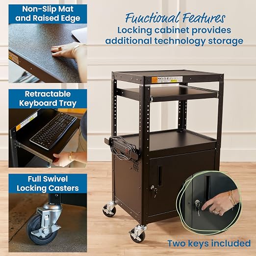 ECR4Kids Mobile AV Presentation Media Stand and 12-Bay Charging Cart, Technology Trolley, Black