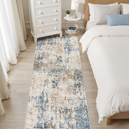 Runner Rug Kitchen Washable Rugs: 3x8 Non-Slip Abstract Soft Modern Stain Resistant Indoor Floor Neutral Accent Throw Carpet for Hallway Bathroom Laundry Room Entryway Bedroom- Blue Tan