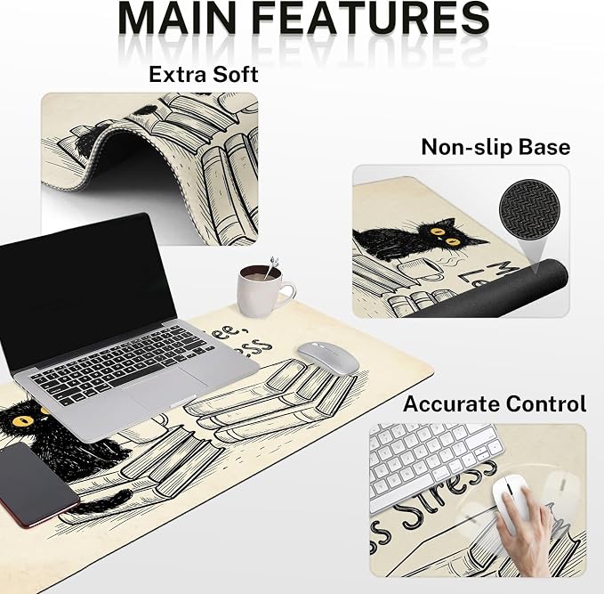 Britimes Black Cat Coffee Keyboard Mouse Pad Set Vintage Funny Book 4in1 Large Mousepad+Keyboard Wrist Rest+Mouse Wrist Rest+Coaster Ergonomic Design for Home Office Computer 35.4x15.7 inches