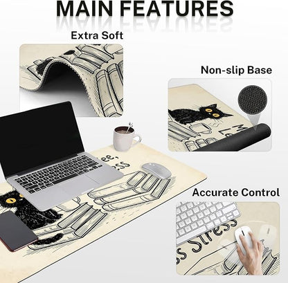 Britimes Black Cat Coffee Keyboard Mouse Pad Set Vintage Funny Book 4in1 Large Mousepad+Keyboard Wrist Rest+Mouse Wrist Rest+Coaster Ergonomic Design for Home Office Computer 35.4x15.7 inches