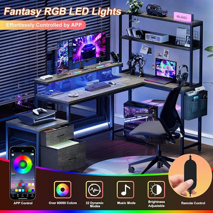 REAHOME 70 Inch L Shaped Desk with File Drawers and Reversible Storage Shelves, Computer Desk with Power Outlet & LED Strip, Home Office Desks, Bookshelf Desk, Writing Study Desk for Bedroom, Grey Oak