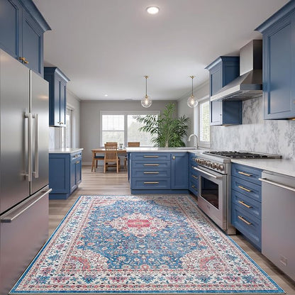 Goideal Washable Rug 3x5, Vintage Area Rugs Non Slip, Indoor Low Pile Carpet with Rubber Backing for Living Room Kitchen Bathroom Entryway Office Bedroom,Blue & Hot Pink