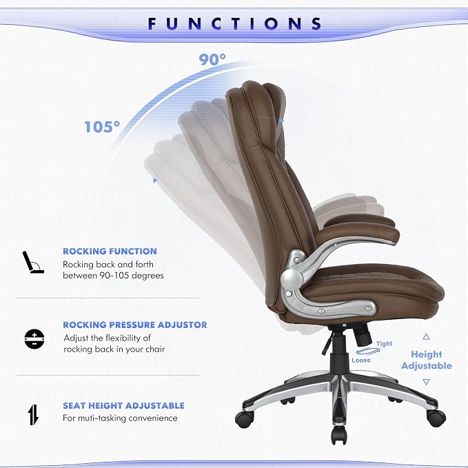 COLAMY Office Chair Ergonomic Desk Chair Set of 2-Executive Office Chair with Upgraded Caters, High Back Computer Chair Flip-up Arms, Swivel Leather Chair for Work/Study, 300lbs, Brown