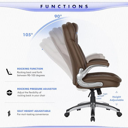COLAMY Office Chair Ergonomic Desk Chair Set of 2-Executive Office Chair with Upgraded Caters, High Back Computer Chair Flip-up Arms, Swivel Leather Chair for Work/Study, 300lbs, Brown