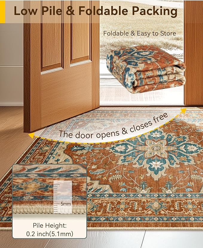 RELEANY Area Rugs Runner 2'6"x8' Washable Non-Slip, Floral Vintage Distress Medallion Carpet for Kitchen Hallway Bedroom Beside Laundry Room Bathroom, Red Orange Blue Brown