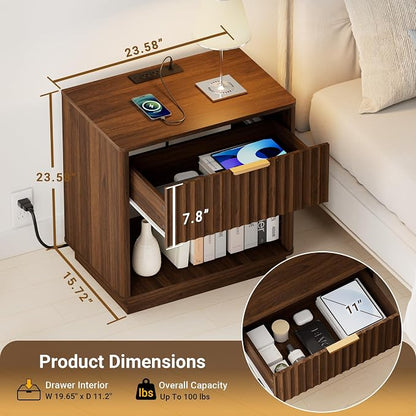 Fluted Nightstand, Night Stand Set 2, Large Walnut Nightstands Set of 2 with Charging Station, 23" Wide End Table with Drawer & Open Shelf, Modern Bedside Table for Bedroom, Curved Corners