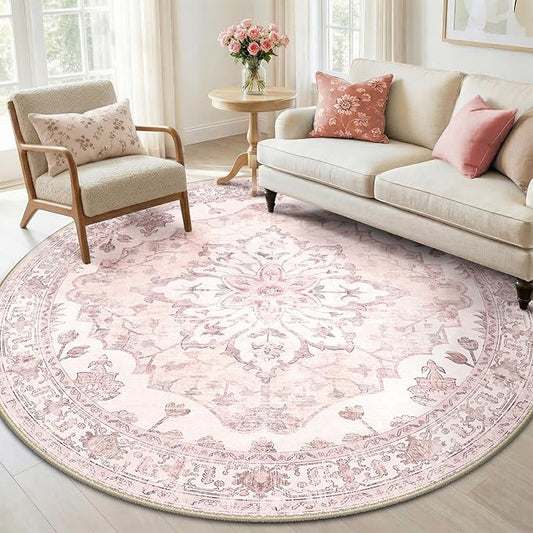 RELEANY Area Rugs Round 6ft Washable Non-Slip, Floral Vintage Distress Medallion Carpet for Living Room Bedroom Dining Room, Pink Greypink Cute