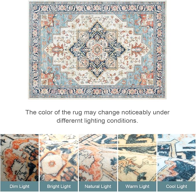Lofus 5x7 Washable Rugs Non-Slip, Vintage Floral Area Rug for Living Room Bedroom Dining Room Kitchen, Low Pile Distress Print Carpet Home Decor Rug, Octagram Medallion Orange Blue Ivory