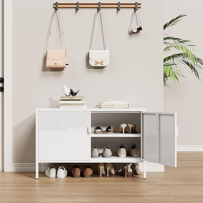 Metal Storage Cabinet,2 Door TV Stand, Metal Mesh Accent Cabinet,Magnetic Door Closure,Low Storage Cabinets with Doors and Shelf for Home,Office,Living Room