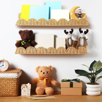 Pinkunn 4 Pcs Nursery Book Shelves 23.6 Inch Rattan Scalloped Floating Bookshelves Wicker Boho Book Shelf for Wall Mounted Decor Nursery Rooms Hanging