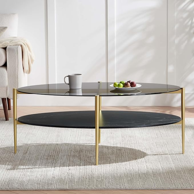 LumFurn Oval Glass Coffee Table, Mid-Century Modern Design, L43 x W22 x H17 inch, Surfboard Shaped Grey Glass Top and Black Marble Finish Wood Shelf, Tapered Legs with Gold Finish Frame