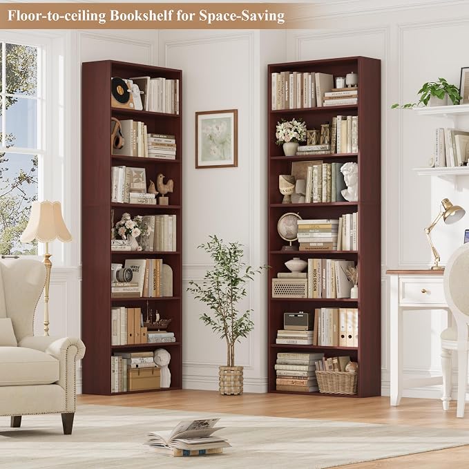 FACBOTALL 82" Tall Bookshelf, 7-Tier Open Shelves Bookcase, Freestanding Display Storage Shelves, Tall Bookcase Home Decor Furniture for Home Office, Living Room, Bedroom, Cherry