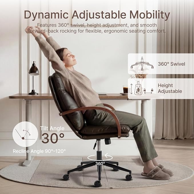 KISLOT Home Office Desk Chair, Ergonomic Office Chair with Lumbar Support, Adjustable Swivel Computer Chair with Wheels, Faux Leather Executive Task Chair with Wood Arms, Espresso
