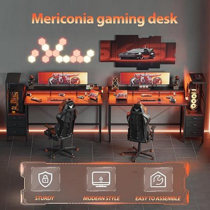 Mericonia 60 inch Gaming Desk with LED Lights & Power Outlets, Reversible Computer Desk with Storage Drawers & Monitor Stand, Large Gaming Table for Home Office