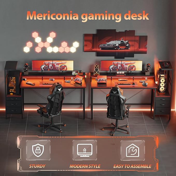 Mericonia 68 inch Gaming Desk with LED Lights & Power Outlets, Reversible Computer Desk with Storage Drawers & Monitor Stand, Large Gaming Table for Home Office
