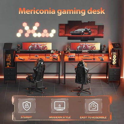 Mericonia 68 inch Gaming Desk with LED Lights & Power Outlets, Reversible Computer Desk with Storage Drawers & Monitor Stand, Large Gaming Table for Home Office