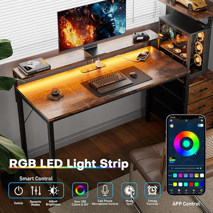 HLDIRECT 60 inch Gaming Desk with 3 Fabric Drawers & Side Hooks-Reversible Home Office Computer Desk with Power Outlets & Led Lights, Gamer Desk Table with Monitor Stand, Rustic Brown