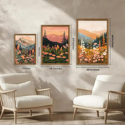 WRFON Botanical and Flower Canvas Wall Art, Framed Mountain Landscape Wall Art Set of 3, Wildflower Meadow Canvas Print, Rustic Nature Decor for Living Room Bedroom Cabin Lodge Farmhouse Decor, 12x16
