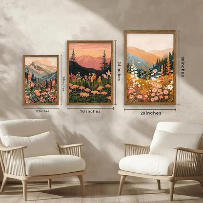 WRFON Botanical and Flower Canvas Wall Art, Framed Mountain Landscape Wall Art Set of 3, Wildflower Meadow Canvas Print, Rustic Nature Decor for Living Room Bedroom Cabin Lodge Farmhouse Decor, 16x24