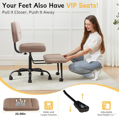Criss Cross Legged Office Chair with Wheels,Swivel Meditation Chair for ADHD,Ergonomic Cross Legged Desk Chair with Thicken Adjustable Footstool,PU Sitting Fidgeting Kneeling Chair for Home Yoga Brown
