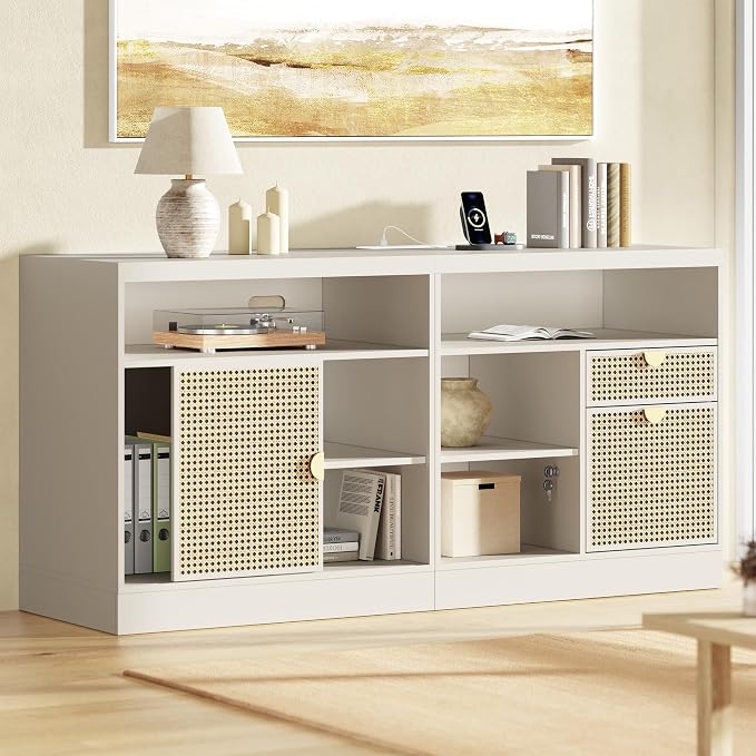 ModernMate 2 Drawer Lateral File Cabinet, 63" Wood Filing Cabinet for Home Office with Lock, Adjustable Storage Shelves, AC/USB, Sliding Door, Wide Office Credenza, Fits Letter/A4 Size, White Rattan
