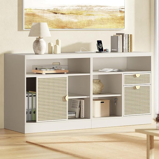 ModernMate 2 Drawer Lateral File Cabinet, 63" Wood Filing Cabinet for Home Office with Lock, Adjustable Storage Shelves, AC/USB, Sliding Door, Wide Office Credenza, Fits Letter/A4 Size, White Rattan