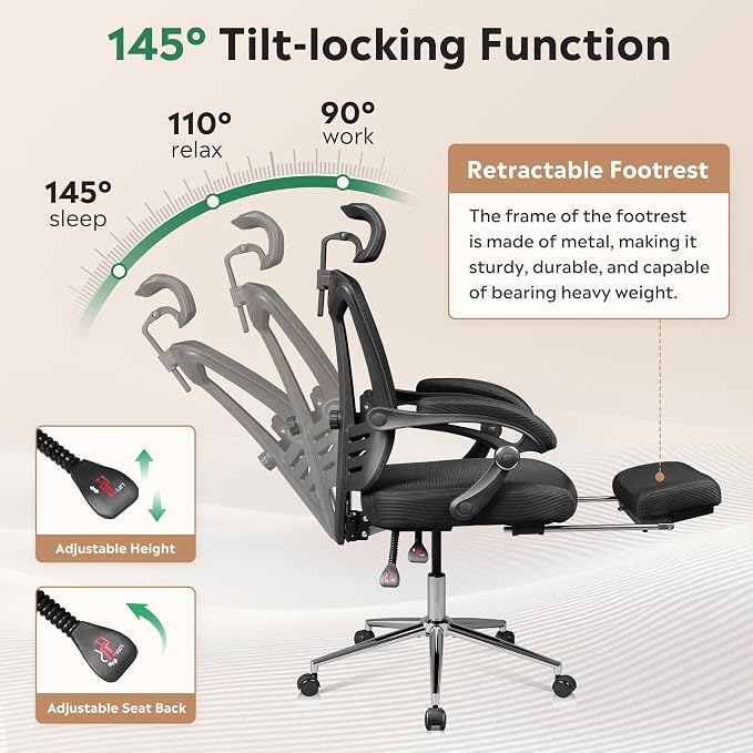 DEVAISE Ergonomic Mesh Office Desk Chair with Footrest, Comfrotable Big and Tall Reclining Computer Chair with Adjustable Lumbar Support, Backrest Adjustable, High Back SGS Class 4 Gas Lift, Black