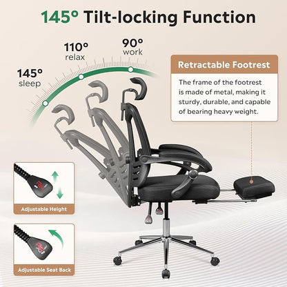 DEVAISE Ergonomic Mesh Office Desk Chair with Footrest, Comfrotable Big and Tall Reclining Computer Chair with Adjustable Lumbar Support, Backrest Adjustable, High Back SGS Class 4 Gas Lift, Black