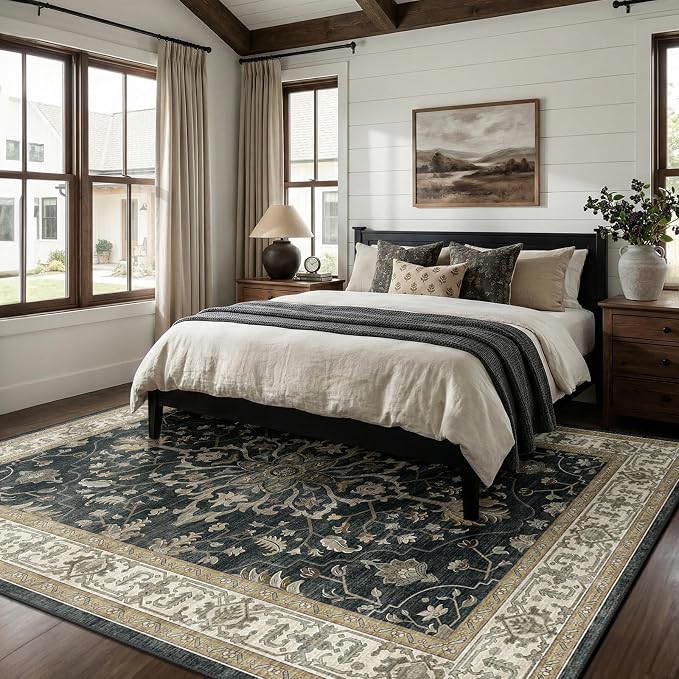 RELEANY Area Rugs 8'x10' Washable Non-Slip, Floral Vintage Distress Medallion Carpet for Living Room Bedroom Dining Room, Vintage Black Brown Neutral